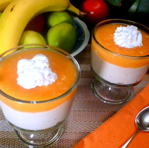 This lemon pudding made with silken tofu and topped with peaches is a dessert worthy to end any special evening meal.