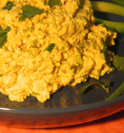 Eggless Egg Salad, per serving, only has 10 mg cholesterol from the mayonnaise, and zero from the tofu.