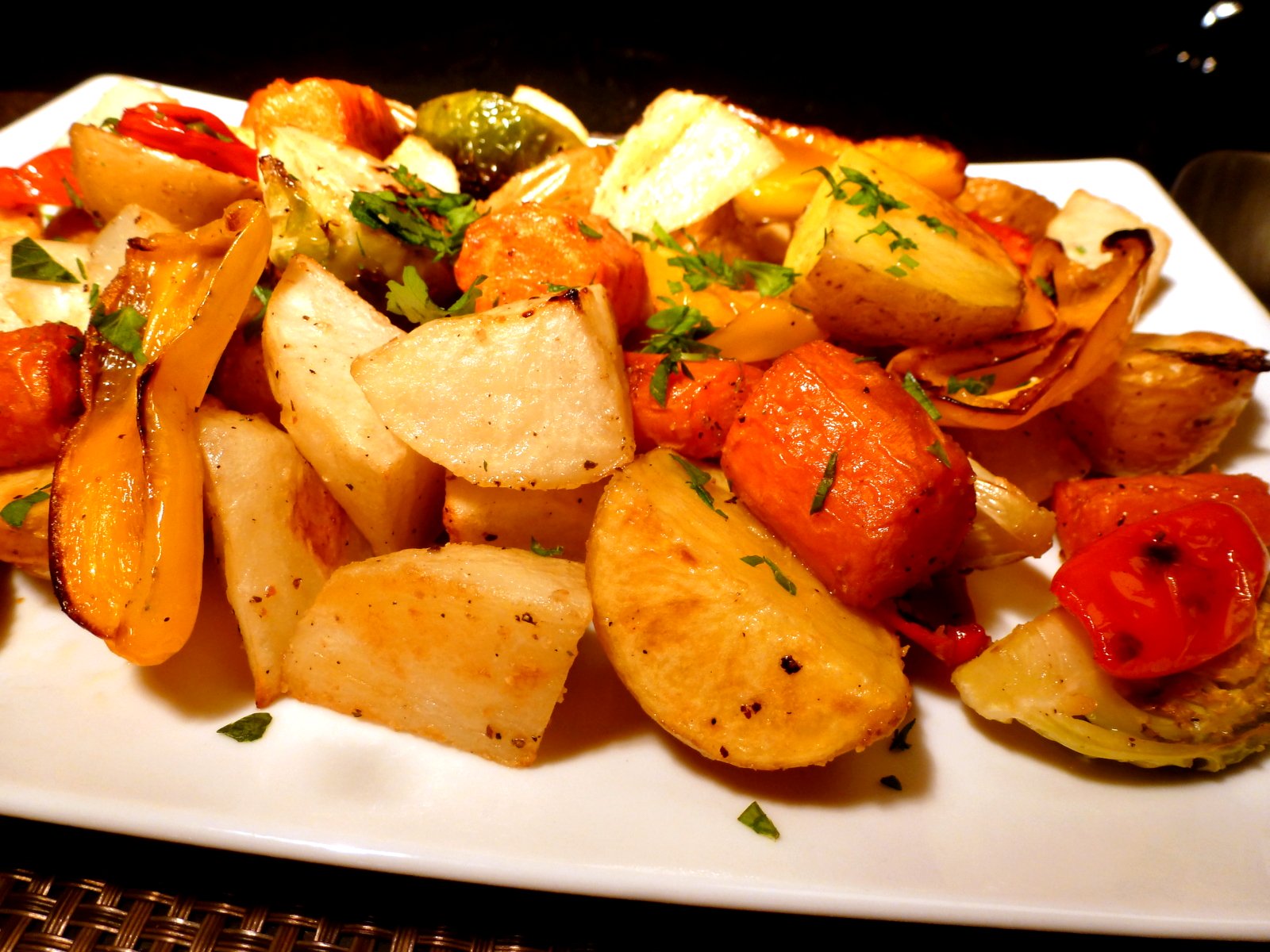 Roasted mixed vegetables are easy to prepare and can be served hot or cold.